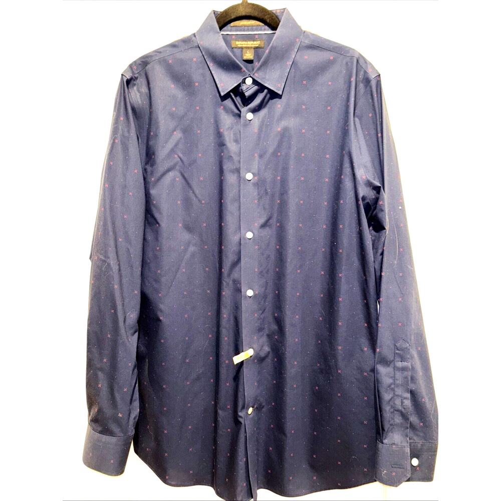 Banana Republic Mens Large Non-Iron Standard Fit Navy Red Print 100% Cotton EUC